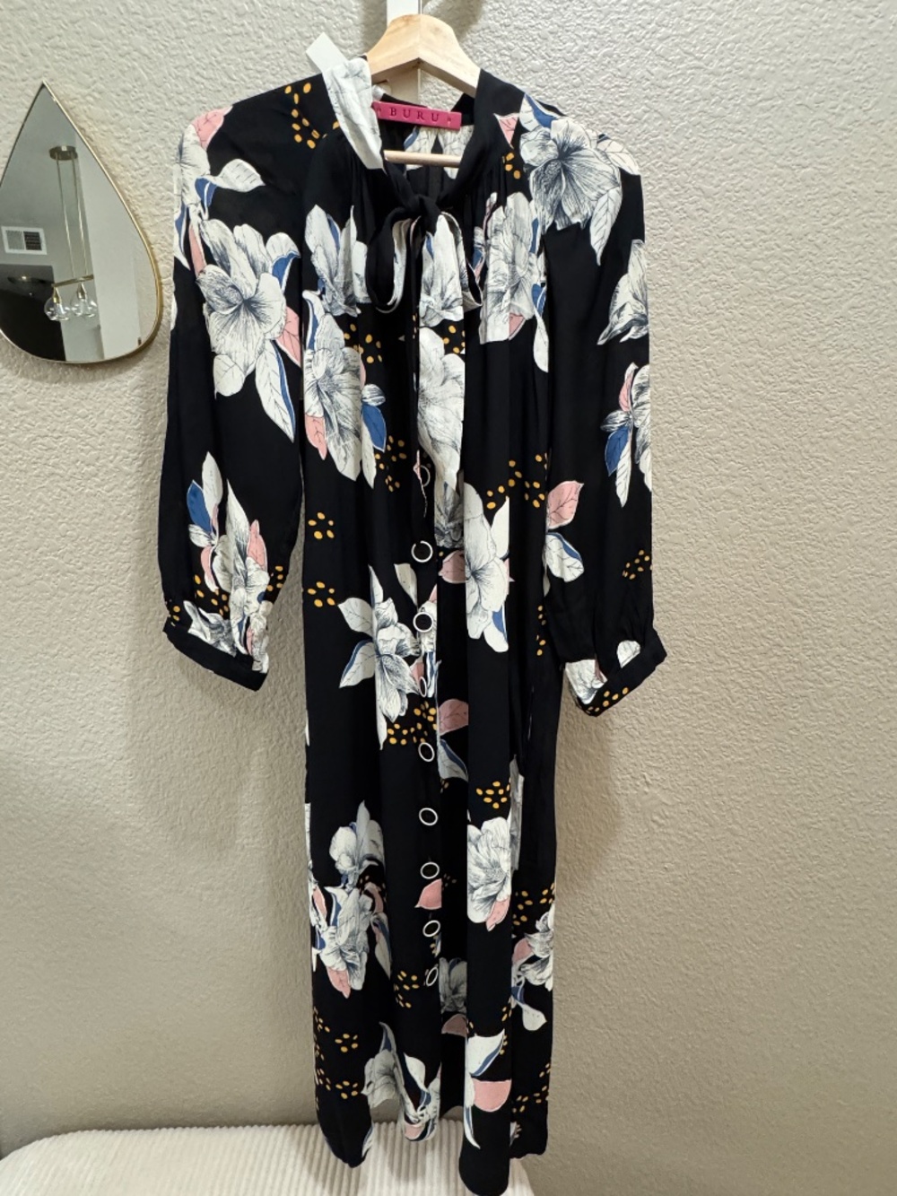 BURU Black Floral Maxi Dress Tie Neck Button Front Long Sleeve Statement - Picture 6 of 10